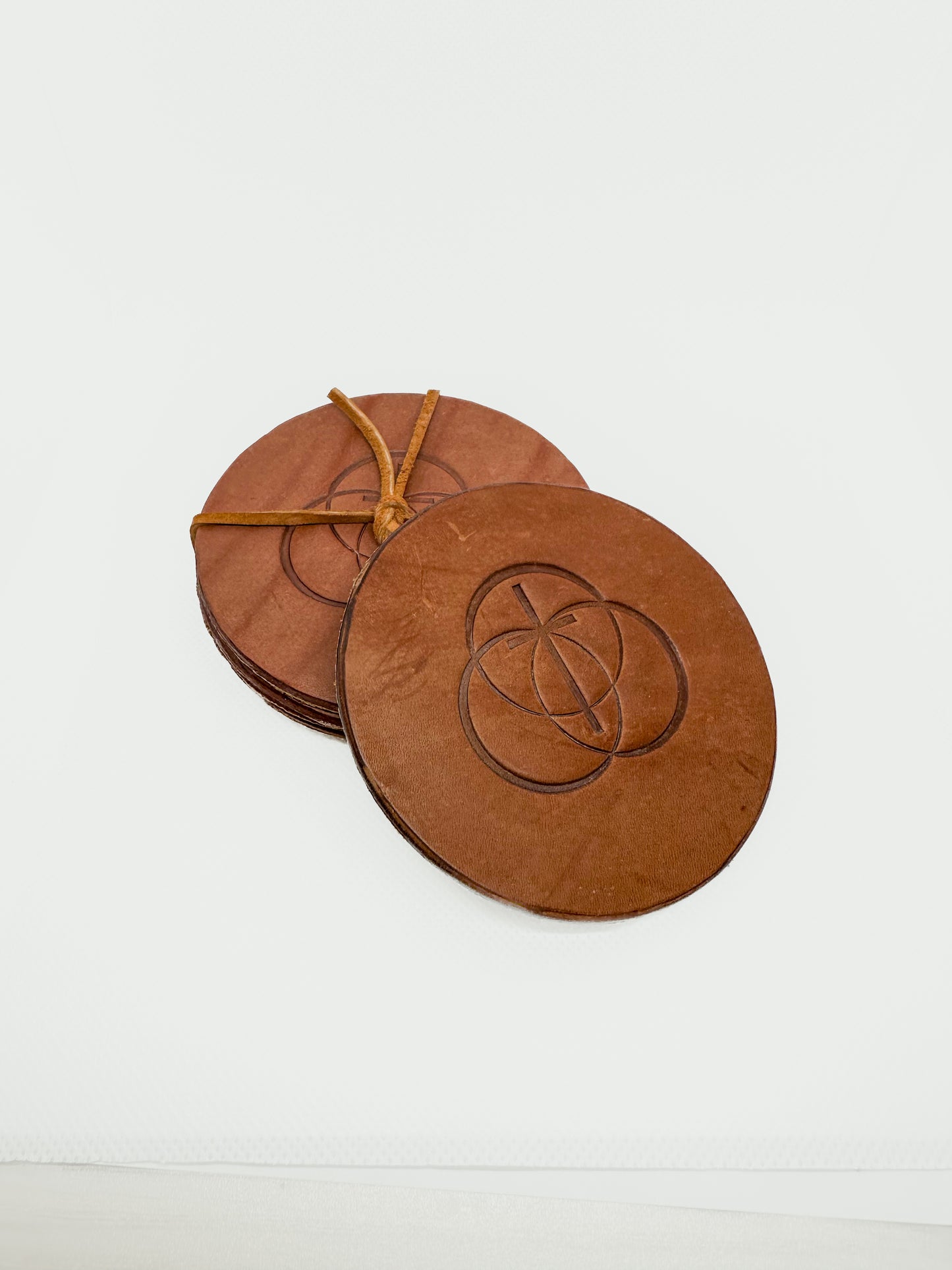 Handmade Set of Four Leather Coasters – Water‑Resistant Mink‑Oil Finish & Cork Backing – Made in Wichita